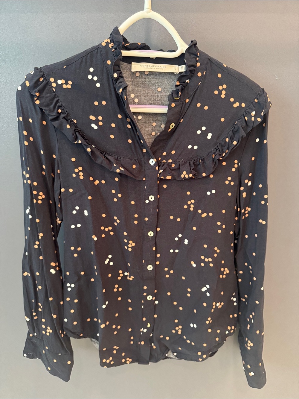 Contemporary navy Ruffle Dot Button-Up Blouse